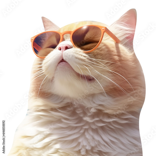 Closeup portrait of funny ginger cat wearing sunglasses isolated on white. Shallow focus. photo