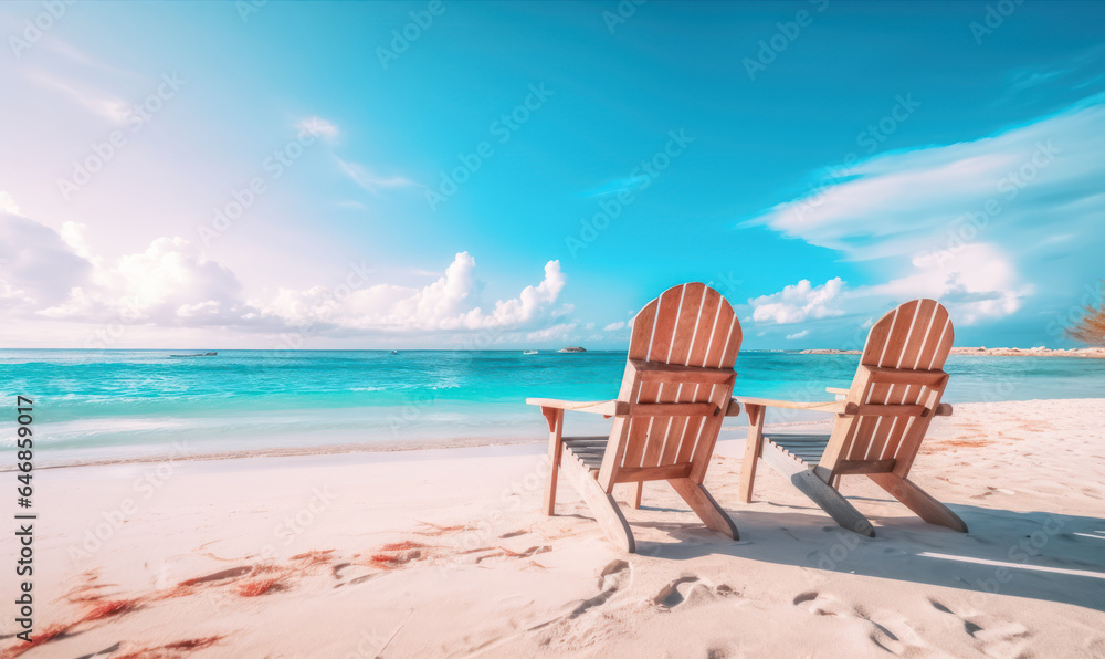 Tropical landscape with sun beds of the beach. Vacation on a beautiful island. For banner, postcard, book illustration.