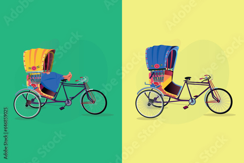 Rickshaw puller taking a rest on a rickshaw in the cityscape. Tri cycle of Dhaka city. Local vehicle.