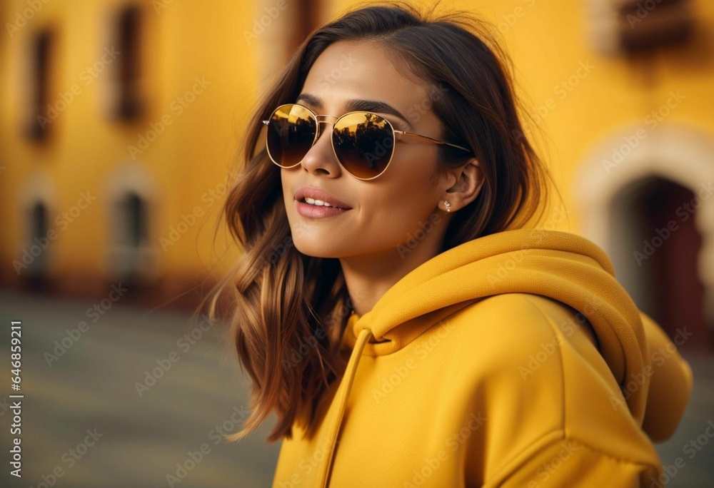 AI generated illustration of a happy woman wearing a yellow hoodie and round sunglasses AI generated illustration of a happy woman wearing a yellow hoodie and round sunglasses