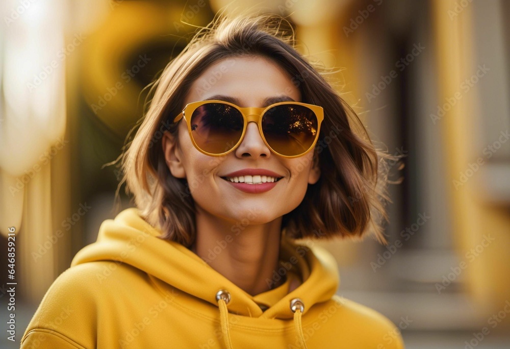 AI generated illustration of a happy woman wearing a yellow hoodie and sunglasses