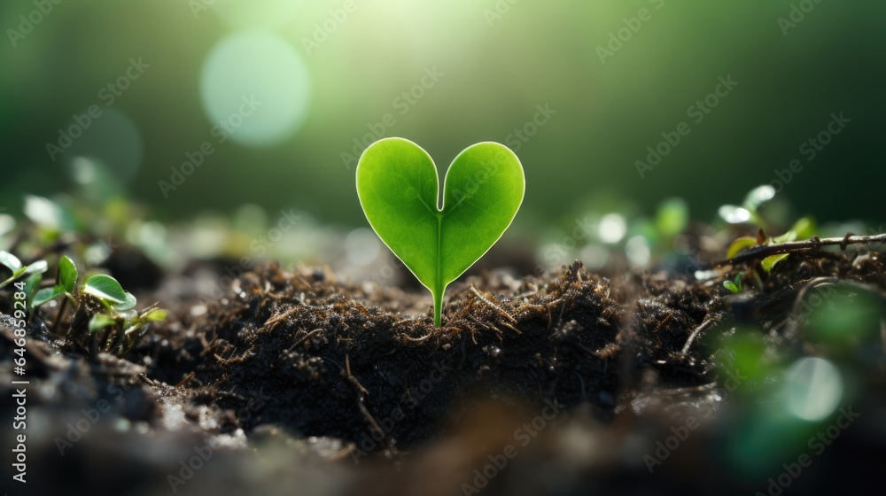 Plant growing out of a heart shaped soil with bokeh background. - obrazy, fototapety, plakaty 