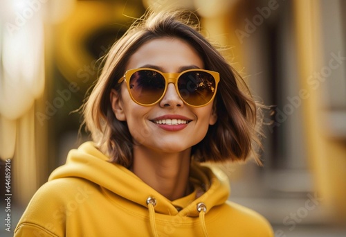 AI generated illustration of a happy woman wearing a yellow hoodie and sunglasses