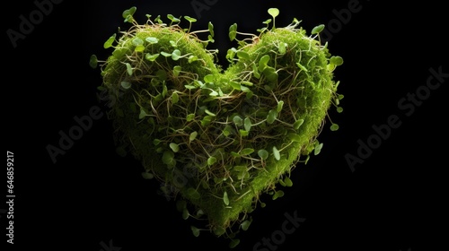 Sprouted seeds microgreens in shape of heart on black. Earth Day.