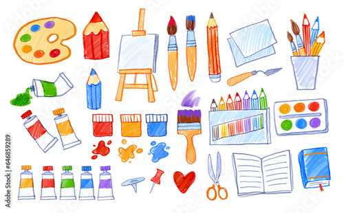 Felt pen vector illustrations collection of child drawings of art supplies
