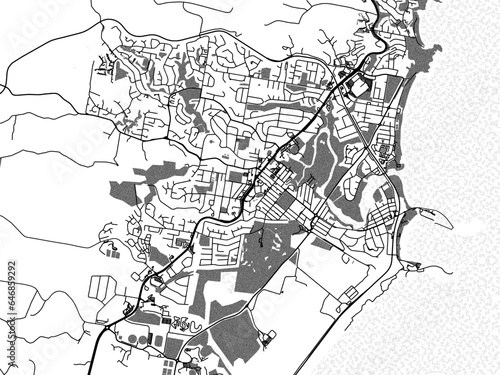 Greyscale vector city map of Coffs Harbour in Australia with with water, fields and parks, and roads on a white background.