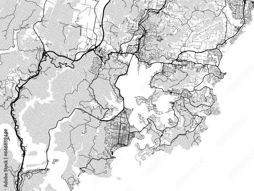 Greyscale vector city map of  Central Coast in Australia with with water, fields and parks, and roads on a white background.