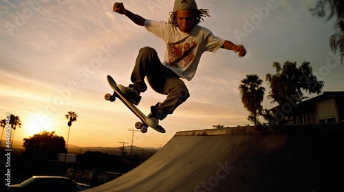 AI generated illustration of a young man in a mid-air skateboard trick