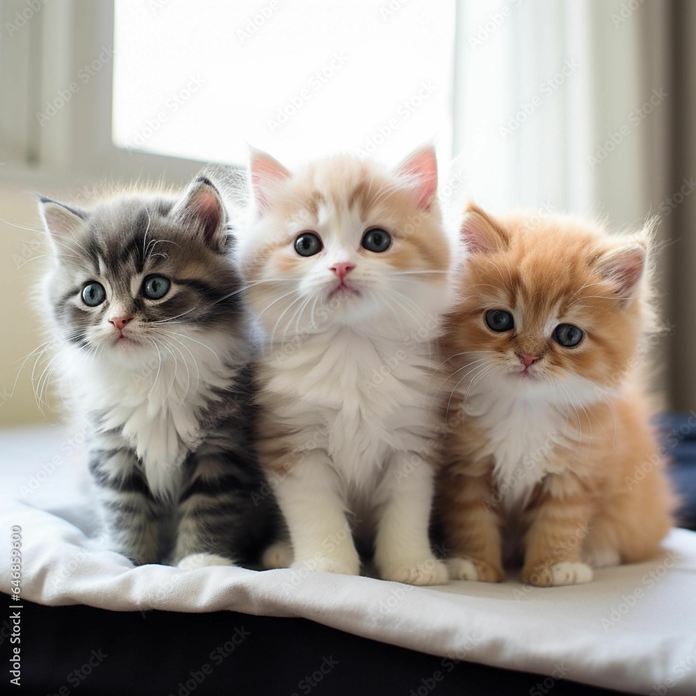 AI generated illustration of three adorable kittens sitting on a blanket AI generated illustration of three adorable kittens sitting on a blanket