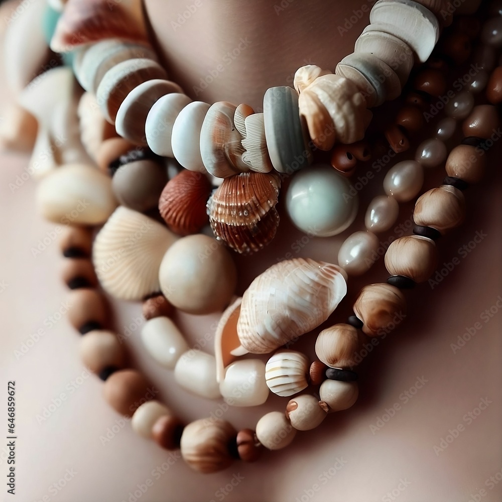 A portrait of a model wearing a necklace composed of a variety of colorful shells A portrait of a model wearing a necklace composed of a variety of colorful shells