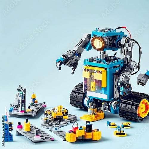 a blocks robot with a small construction vehicle in front of him