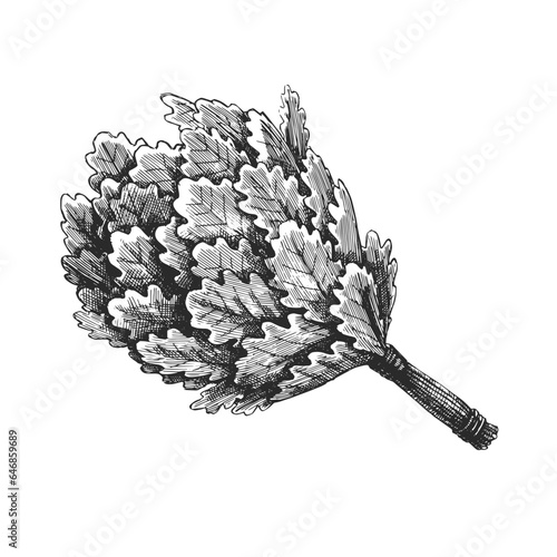 Vector hand-drawn illustrations of bath broom isolated on white. Sketch of Russian bathhouse accessory in engraving style. Finnish sauna.