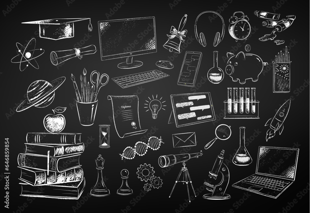 Vector black and white chalk drawn illustration set of education and science items on chalkboard background. - obrazy, fototapety, plakaty 