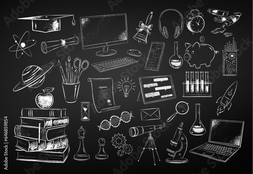 Vector black and white chalk drawn illustration set of education and science items on chalkboard background.