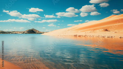Crystal clear lake in desert area. Sand hills and blue sky. Oasis, tourism concept. © AllistairBot/Peopleimages - AI