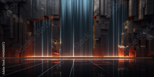 Wall of stones with three waterfalls and neon lines. AI Generation 