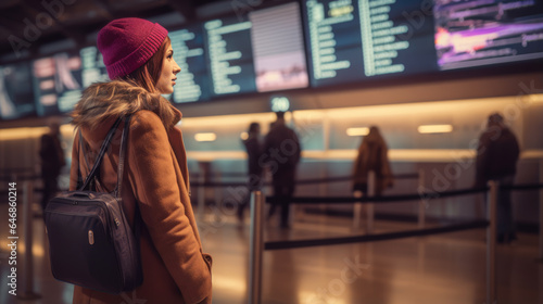 Woman in airport looking to flight timetable