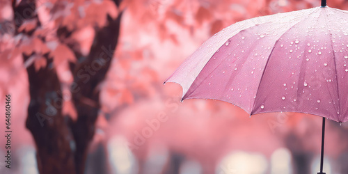 Close-up of a pink cropped umbrella with raindrops on a blurred background of overcast gloomy fall weather. 