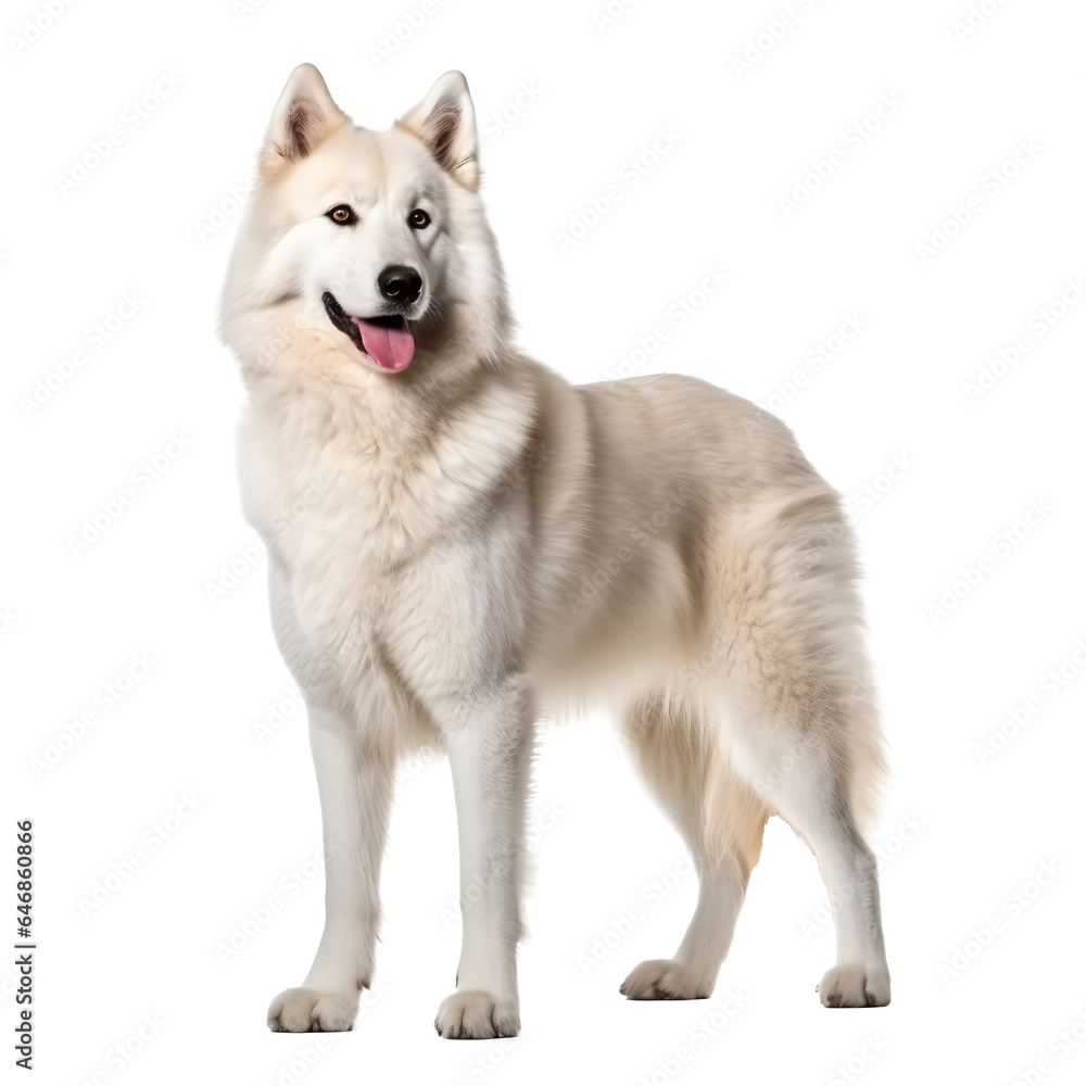 Samoyed dog in front of white background