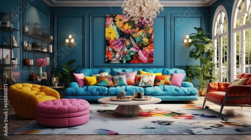 Living room in kitsch style. Incredible fairytale design and vibrant colors. photo