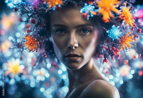 AI generated illustration of a young woman with a beautiful floral crown