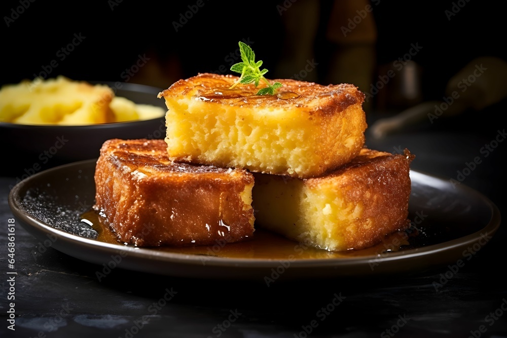 Black plate containing delicious French toast, AI-generated. Black plate containing delicious French toast, AI-generated.