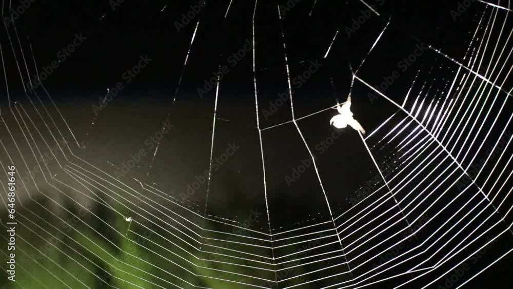 The spider weaves a web at night. Shooting video at night using an electric flashlight.