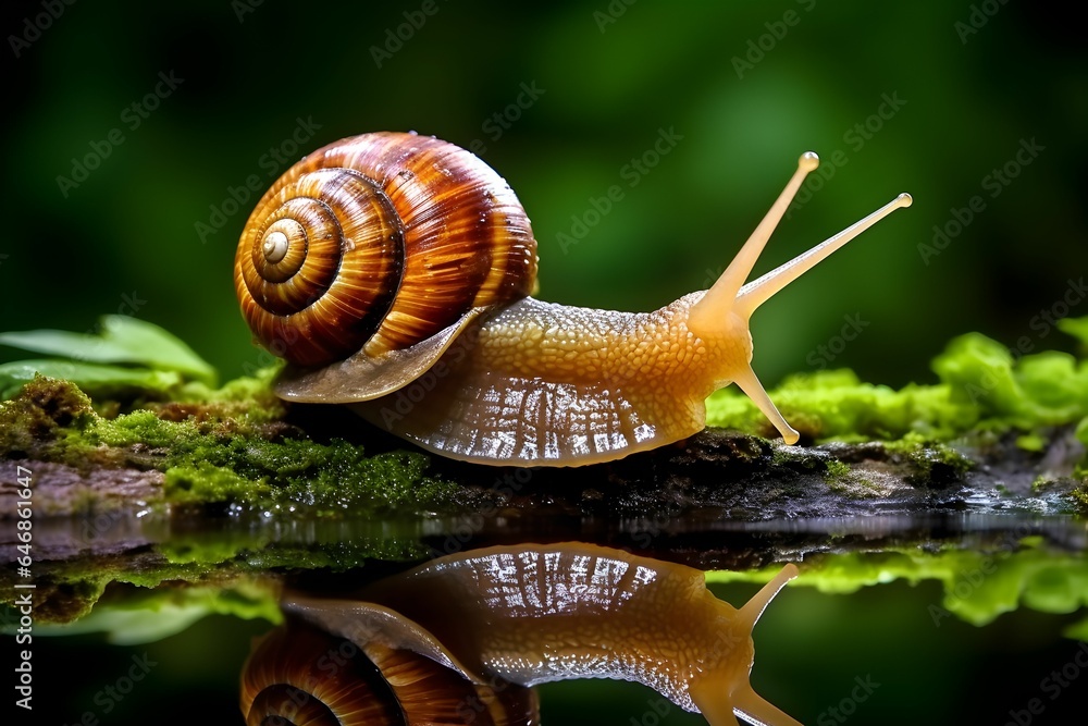 AI generated illustration of a small snail reflecting in a mossy puddle AI generated illustration of a small snail reflecting in a mossy puddle
