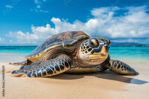 Sea turtle rests on a sandy beach near a tranquil body of water, AI-generated.