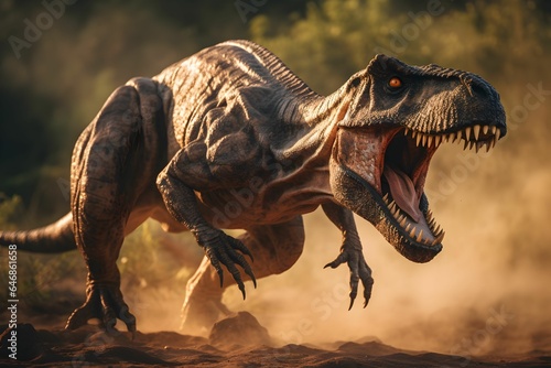 AI generated illustration of a prehistoric dinosaur in its natural habitat in the desert roaring © Mishai/Wirestock Creators