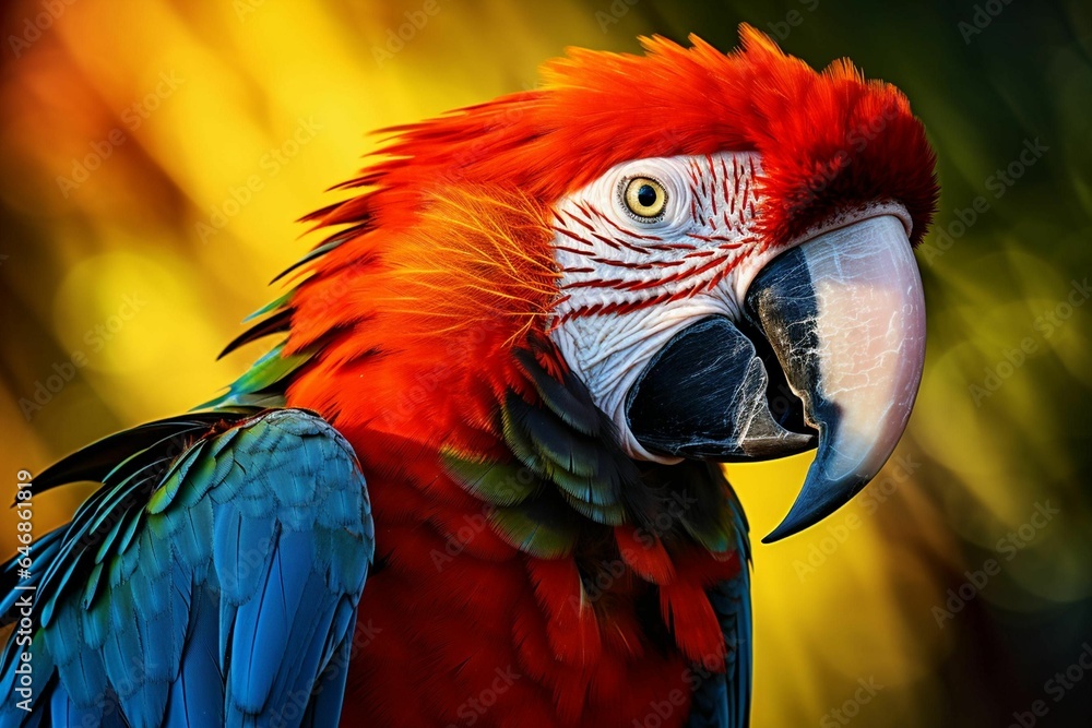 A vibrant green and red parrot is looking up curiously at an orange-streaked wall