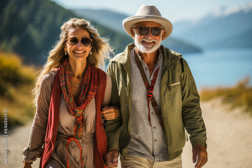 Fototapeta premium Senior couple hiking in famous travel spots