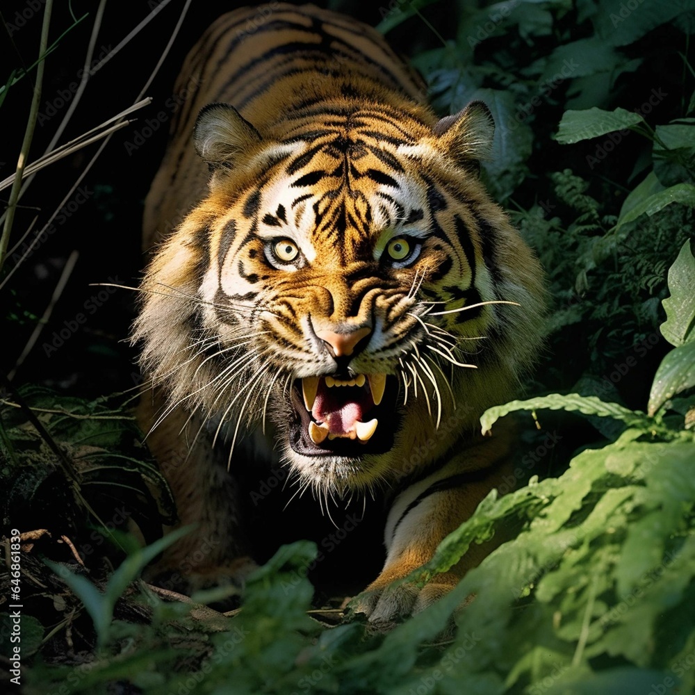 AI generated illustration of a Bengal tiger standing in the lush greenery of its natural habitat,