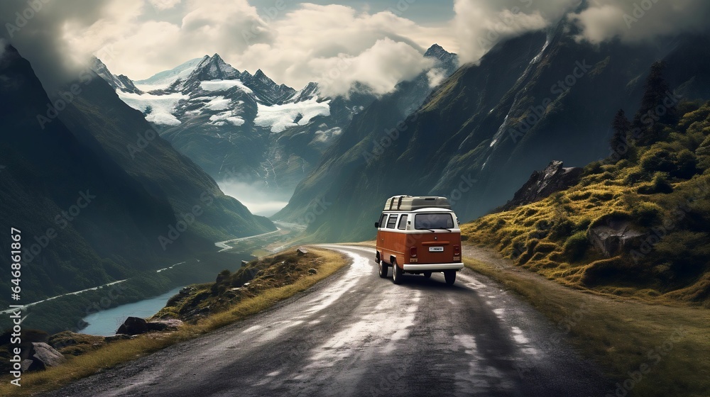 a van drives down a scenic rural road, surrounded by dramatic rocky mountains