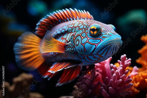 A vibrant orange and blue colored fish is swimming amongst a variety of colorful corals