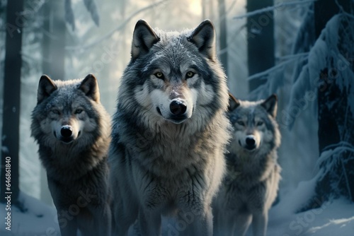 AI generated illustration of Three gray wolves standing together in a snowy winter forest