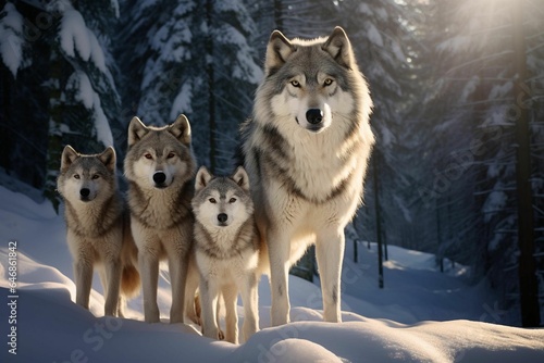 AI generated illustration of Four grey wolves standing together in a wintry snow-covered landscape © Patrick Karlsson/Wirestock Creators