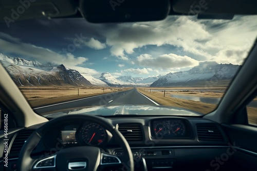 A car driving down a highway surrounded by majestic snow-capped mountain peaks