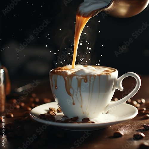 AI generated illustration of an image of a pouring hot coffee into a white mug