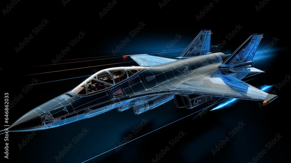 AI generated illustration of a sleek, blue and black jet against a dark backdrop - obrazy, fototapety, plakaty 