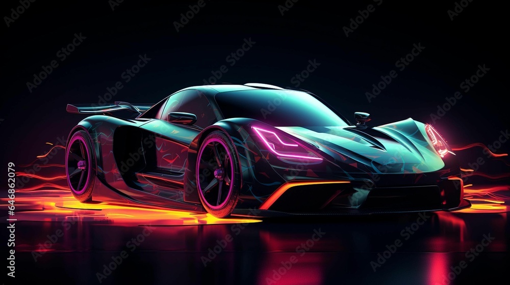 AI generated illustration of a futuristic automobile with a neon exterior and glowing lights