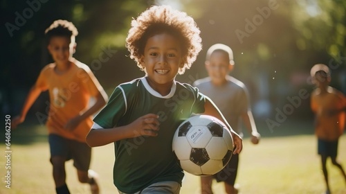 AI generated illustration of a group of cheerful children playing a game of soccer on a grassy field