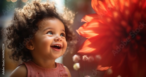  little girl  child is playing in flowers with an orange flower