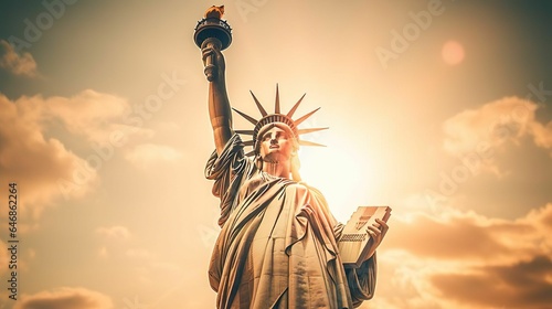 AI-generated illustration of the iconic Statue of Liberty on a sunny day with a bright blue sky