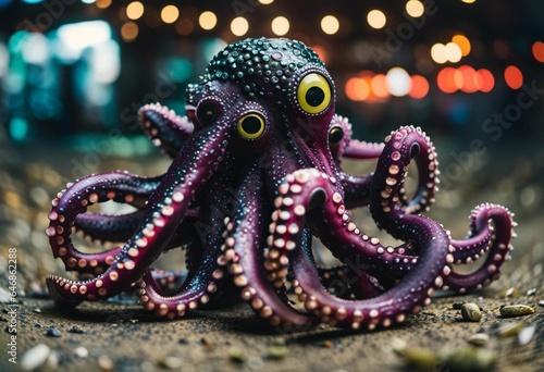 AI generated illustration of a small weird maroon octopus on the street