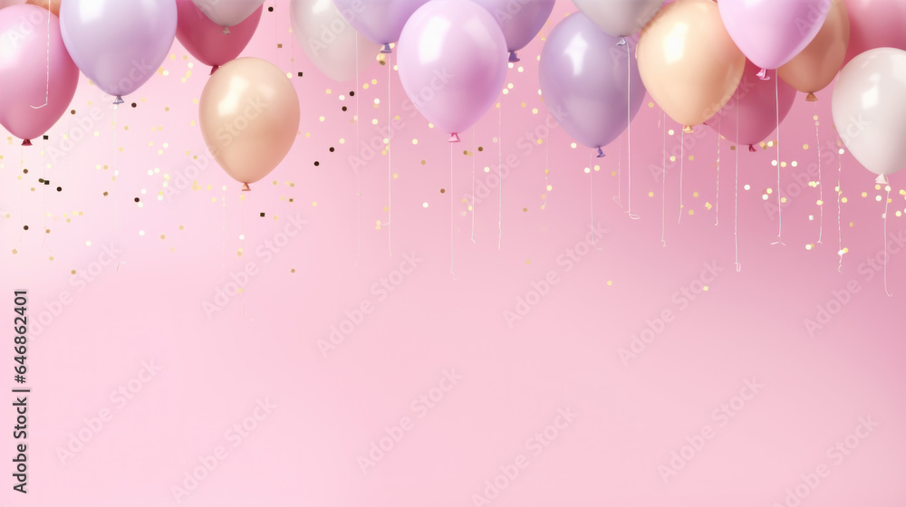 Balloons and confetti on pink background with copy-space Balloons and confetti on pink background with copy-space