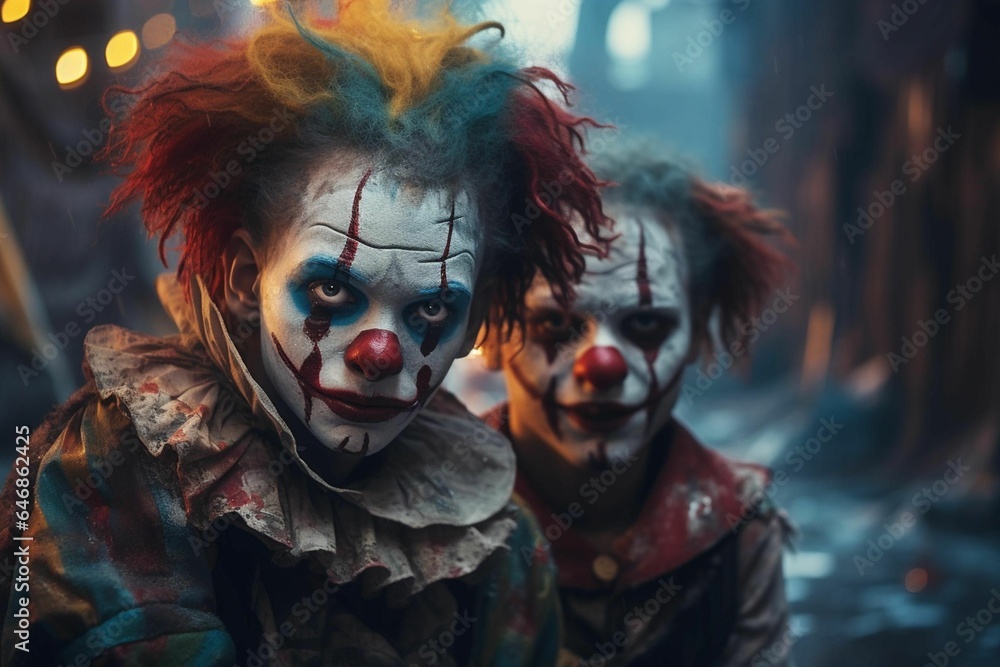 AI generated illustration of Two clowns with vibrant red hair and intricate face paint designs AI generated illustration of Two clowns with vibrant red hair and intricate face paint designs