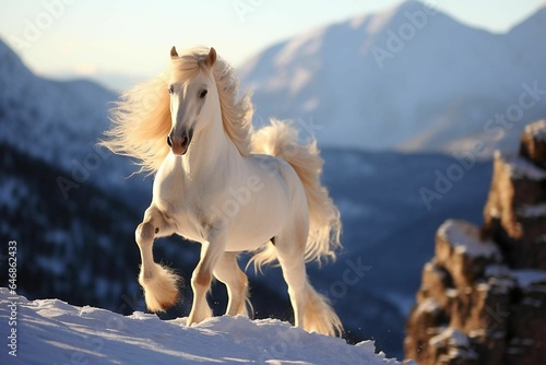 AI generated illustration of A white horse with long, flowing hair gallops across a wintry landscape