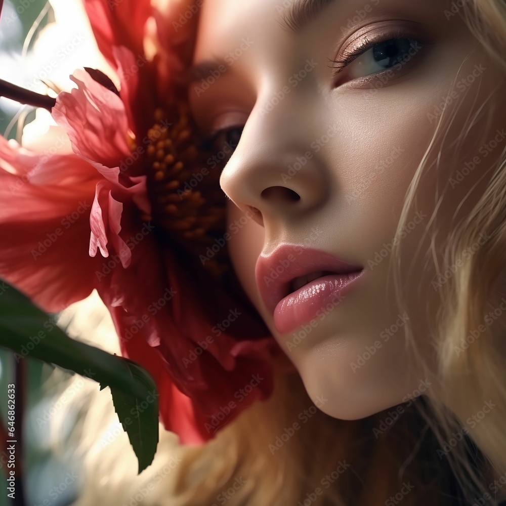 stunning young woman enjoying the beauty of nature, surrounded by a vibrant array of flowers stunning young woman enjoying the beauty of nature, surrounded by a vibrant array of flowers