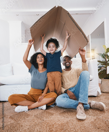 Photos Family, roof and insurance, support and protection at home with parents, child and happy in portrait